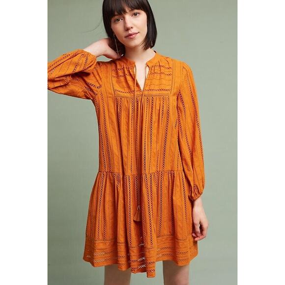 Anthropologie Dresses & Skirts - Anthropologie Dress Marta Tunic Mini 0 Marigold Long Sleeve Boho Cottage Eyelet